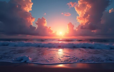 Beautiful Serene Sunset with Dramatic Colorful Pink Clouds Reflected on Bright Sand Ocean