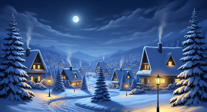 Scenic winter landscape with snow-covered village houses under moonlight, evoking peace and tranquility, suitable for holiday or seasonal themes