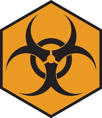 Biohazard. Standard biohazard warning symbol in black on a striking orange hexagonal background. Used for indicating biological risk and contamination.