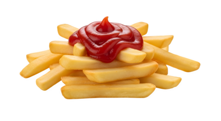 Pile of golden french fries topped with a generous swirl of red ketchup isolated on transparent background