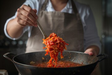 Chef casero preparando espaguetis al pomodoro con movimientos din&aacute;micos