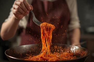 Escena culinaria mostrando manos mezclando pasta y salsa en plena preparaci&oacute;n