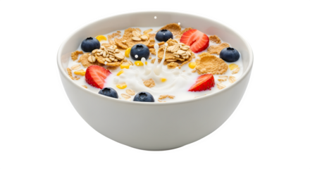 Delicious yogurt parfait with fresh berries granola and fruit in a white bowl isolated on transparent background