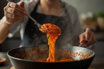 Primer plano de pasta humeante siendo levantada con un tenedor mientras se mezcla