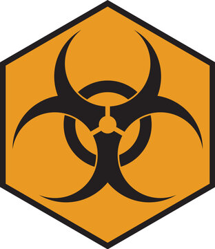Biohazard. Standard biohazard warning symbol in black on a striking orange hexagonal background. Used for indicating biological risk and contamination.