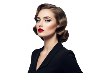 Elegant woman with vintage hairstyle and bold red lipstick posing confidently isolated on transparent background