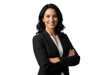 Confident professional woman in black blazer with arms crossed smiling directly at camera isolated on transparent background