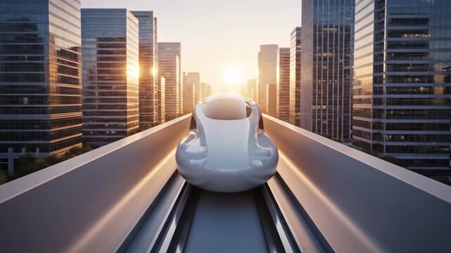 Futuristic High Speed Maglev Train Traveling Through A Modern City At Sunset.