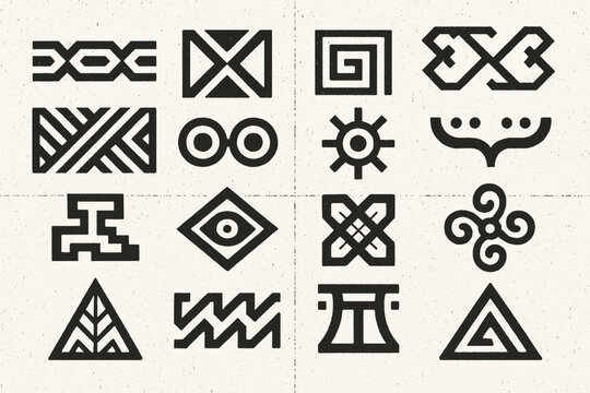 Brazilian Indigenous Pattern Icon Set Tribal Lines Xingu Shapes Marajoara Motifs Ritual Symbols Flat Vector Grid