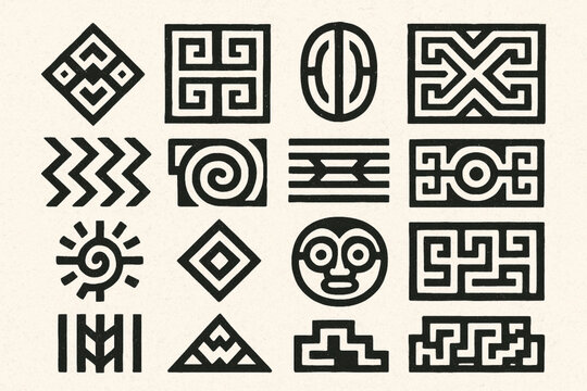 Brazilian Indigenous Pattern Icon Set Tribal Lines Xingu Shapes Marajoara Motifs Ritual Symbols Flat Vector Grid