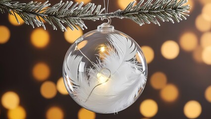 Elegant clear glass Christmas ornament with white feathers and internal light, hanging from a frosted pine branch against a warm bokeh background