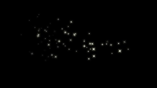 Magic sparkles glitter line stars drifting beside a golden glittering star as a fairy dust wand sends fast line glitter motion across white cartoon blinking stars, flat vector sparkle light trails