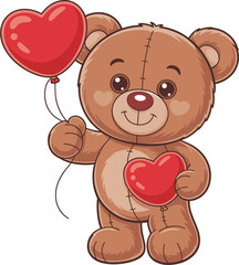 Cute cartoon teddy bear holding heart balloons, adorable love illustration for Valentine’s Day, romantic gift design, kawaii character artwork