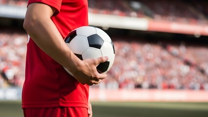 Soccer player holding a ball with a blurred stadium crowd in the background