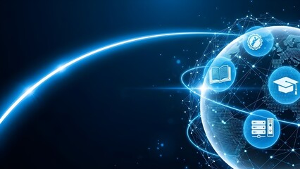 Global network connecting digital devices and data streams with a futuristic blue glow