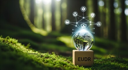 Digital network connecting the earth within a lush forest environment representing sustainability