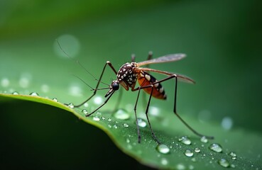 Macro photo of Aedes mosquito on green leaf with water drops. Insect has spotted body, patterned wings, long legs. Focus on details of pest and wet plant. Dangerous bug rests on flora.
