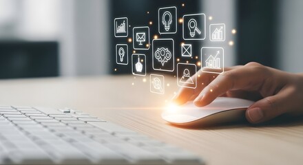 Hands interacting with digital interface and floating screen technology over a desk