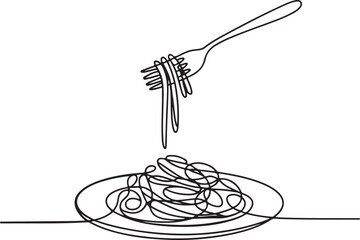 Continuous line art illustration of plate of spaghetti with fork using natural sketch contour