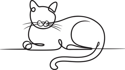 Continuous line art illustration of relaxed cat with curled tail using natural sketch contour