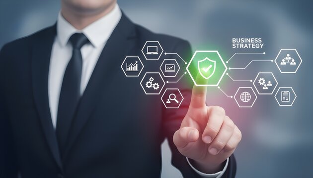 Business professional interacting with a futuristic digital interface displaying data and network connections - Powered by Adobe