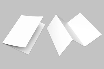 Two premium blank brochures, trifold and  bi-fold displayed on a grey background.3d rendering.