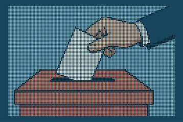 Rhinestone halftone dot art voting hand casting ballot paper in box vector, election day democracy concept, political voting rights symbol, mosaic circle pixel design