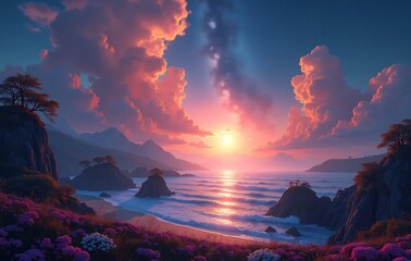 Bright Digital Fantasy Seascape Dusk Golden Hues and Layered Clouds Reflection