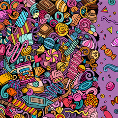 Sweet Candies cartoon vector doodle border.