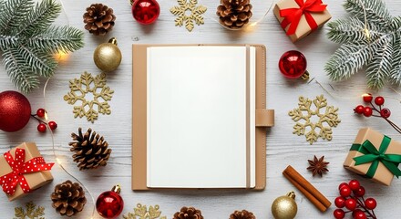 Christmas flat lay with open notebook and festive decorations