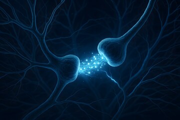 Neural synapse firing with neurotransmitters shown in a glowing biological visualization.