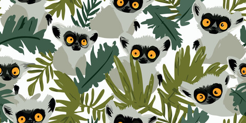 Vibrant illustrated ring-tailed lemur and tropical leaf seamless pattern for fun children's fabrics, exotic wallpaper, and nature branding © Eli Berr
