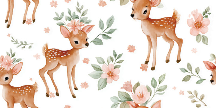 Watercolor spotted fawn and pastel floral seamless pattern for nursery fabrics, children's stationery, and gentle home decor