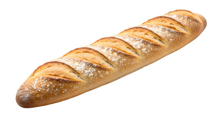 Freshly baked golden brown baguette with a crispy crust displayed on a transparent backdrop isolated on transparent background