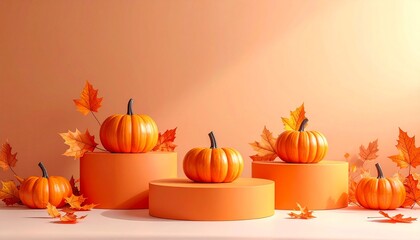 Autumn Pumpkin Display with Fall Leaves on Orange Background for Editorial Styling and Seasonal Celebration Themes