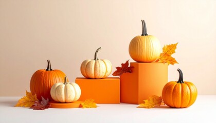 Autumn Pumpkin Display with Fall Leaves on Orange Background for Editorial Styling and Seasonal Celebration Themes