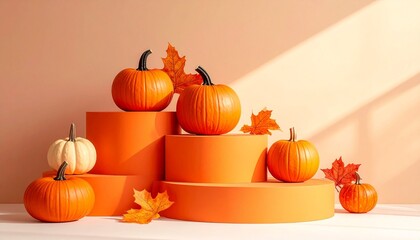 Autumn Pumpkin Display with Fall Leaves on Orange Background for Editorial Styling and Seasonal Celebration Themes
