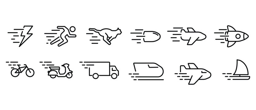 Speed ​​icons. A collection of vector speed and movement icons, dynamic symbols for speed, energy, and performance. Vector illustrations of speed icons with transparent backgrounds. Editable strokes.