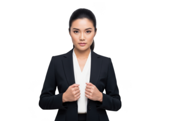 A professional woman in a dark suit and white blouse stands confidently adjusting her collar isolated on transparent background