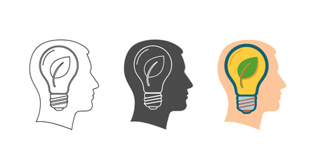 Creative idea in the head isolated on white background light bulb with leaf inside the head concept of green energy, ecology, and innovation vector illustration