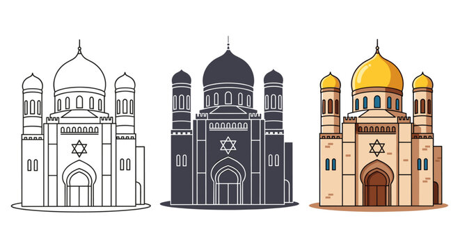 Illustration of the great synagogue of kyiv, ukraine, in three styles line art, silhouette, and color isolated on white background