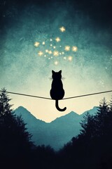Cat Sits Quietly on a Wire Under a Starry Night Sky in a Mountain Setting