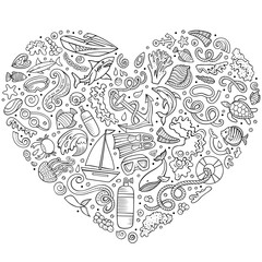 Set of Diving cartoon doodle objects. Heart form composition