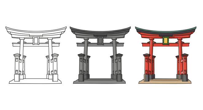 Three torii gates are displayed in a row, the first is a line drawing, the second is gray, and the third is red, isolated on white background
