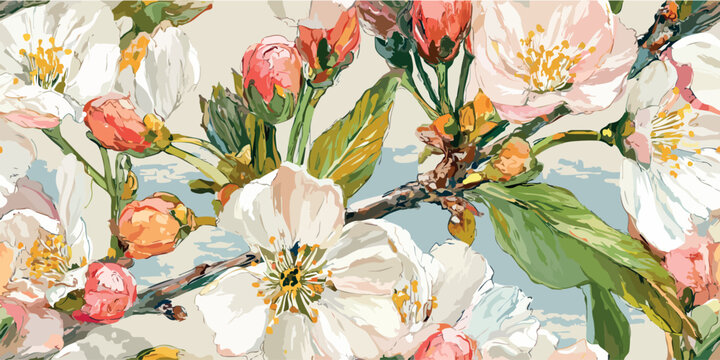 Impressionist oil painted almond blossom seamless pattern with white flowers and pink buds for spring fashion, fabrics, and artistic home decor