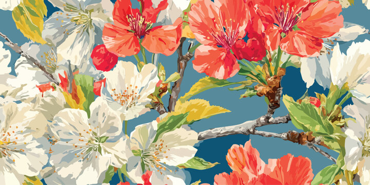 Vibrant oil painted apple blossom seamless pattern in orange, white, and yellow for bold spring fabrics, creative packaging, and artistic designs