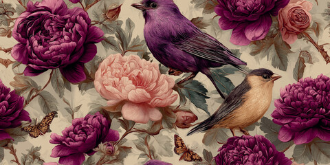 Luxurious antique illustration of birds, peonies, and butterflies seamless pattern for opulent textiles, dark wallpapers, and high-end home decor