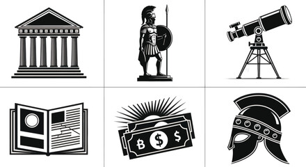 Education Icon Set Ancient Warrior Telescope Money Book Temple Helmet