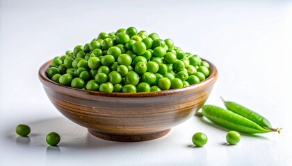 Ceramic Bowl of Fresh Green Peas on White Surface for Editorial Styling and Culinary Wellness Themes