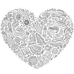 Set of Marine cartoon doodle objects. Heart form composition